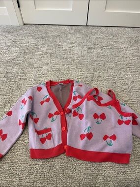 Girls Size S (6/7) Cherry Print Pink & Red Knit Cardigan and Tank Set